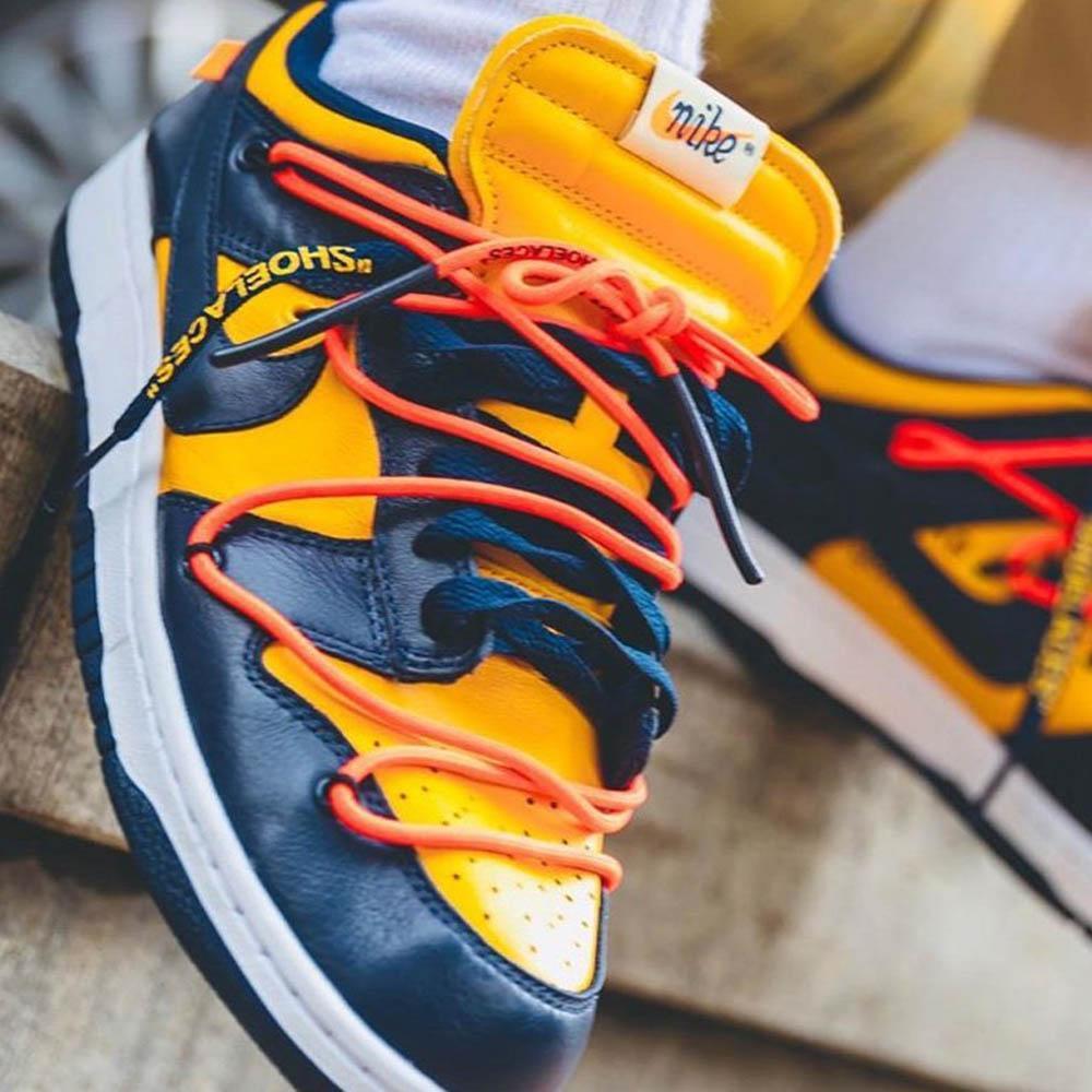 nike x off-white dunk low university gold  and  navy