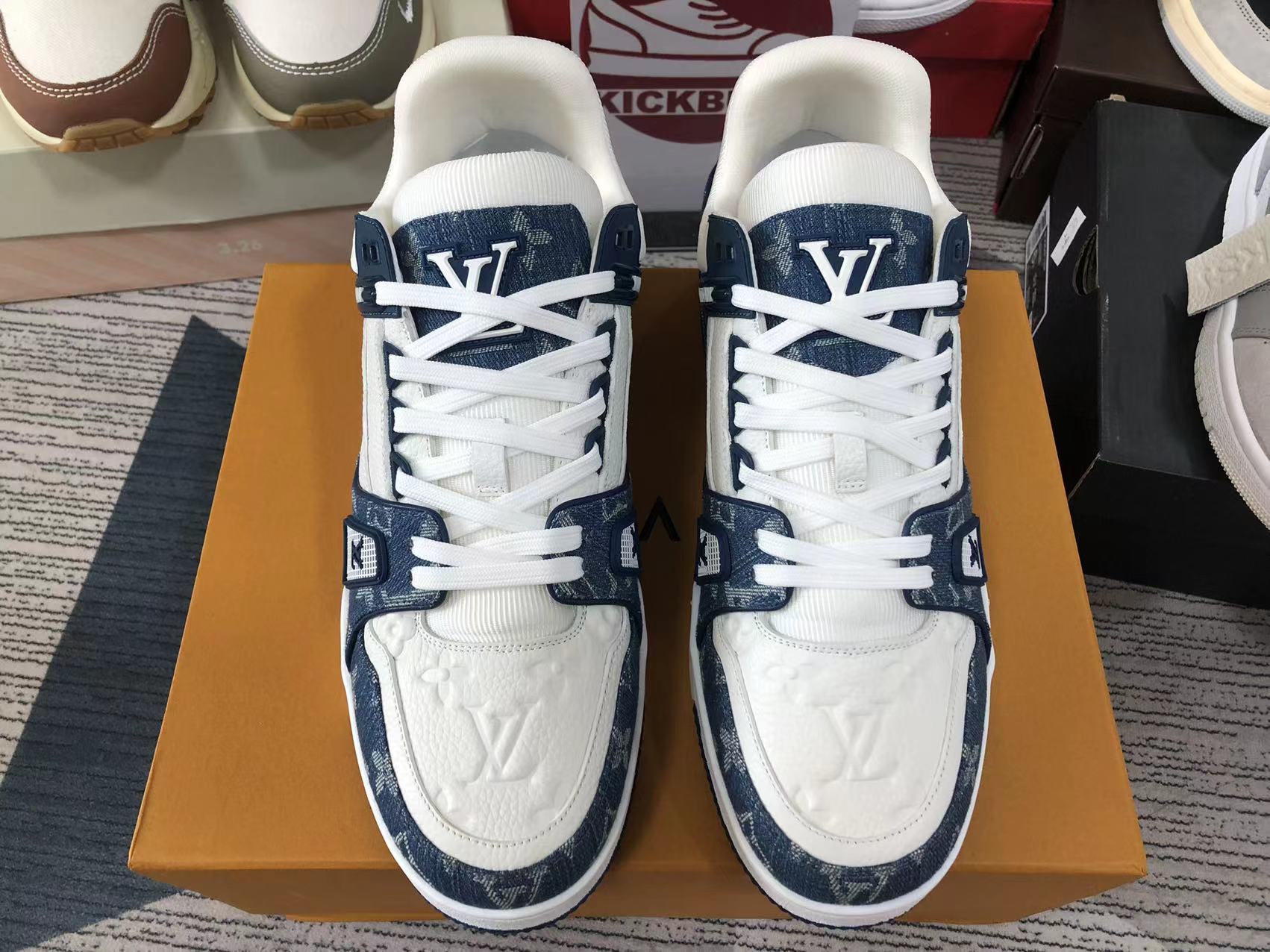 Kickbulk Sneakers Luxury Louis Vuitton Lv Trainer Monogram Denim White Blue Camear Photos Shoes